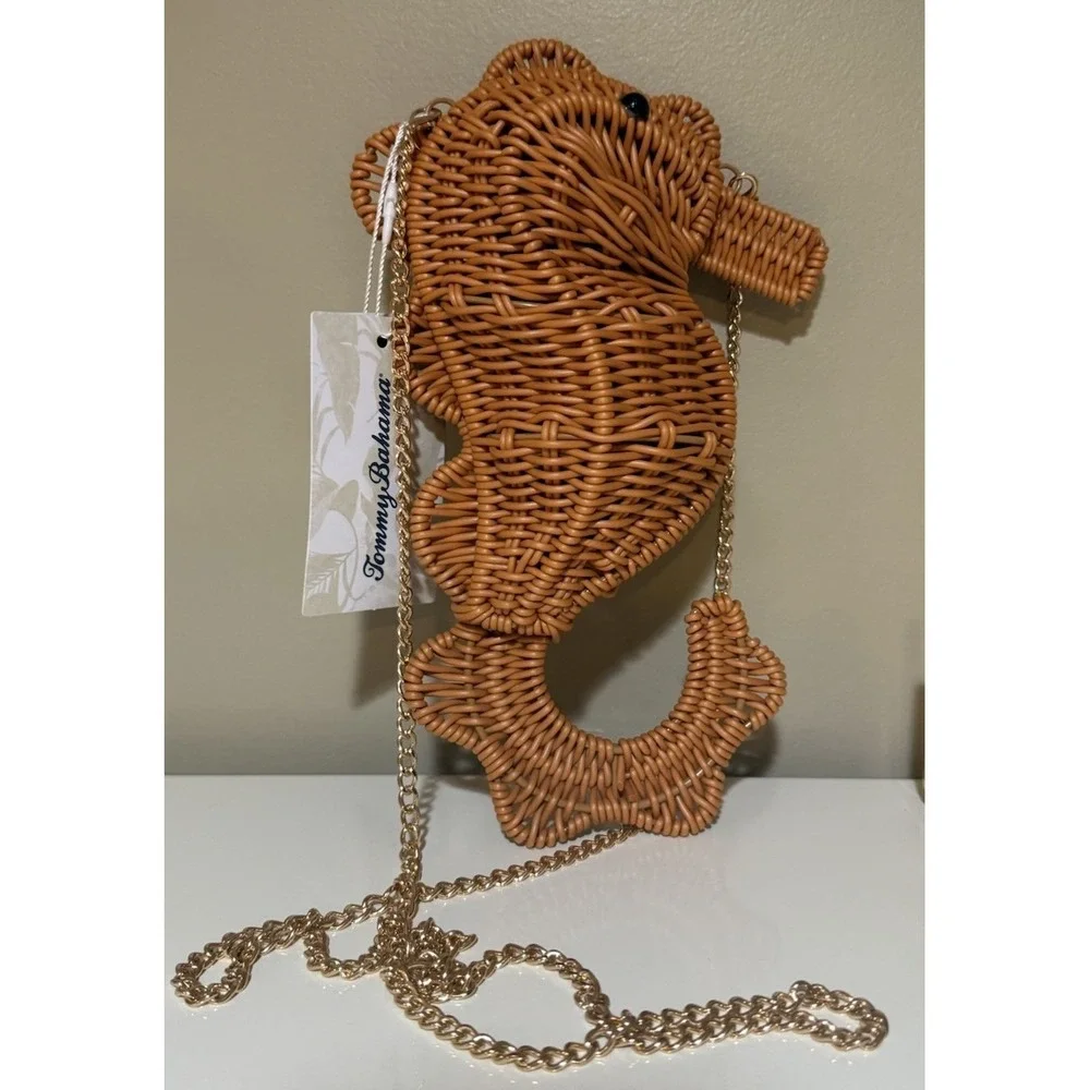NWT VIRAL Tommy Bahama Seahorse Woven Wicker Bag Gold Crossbody Chain Purse - Picture 2 of 3